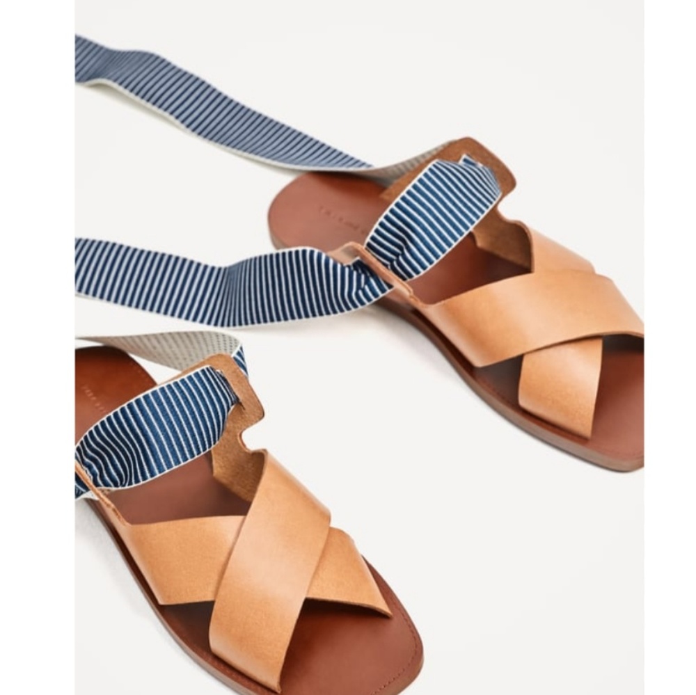 Zara Leather Slide Sandas with Lace Up Ribbons 9